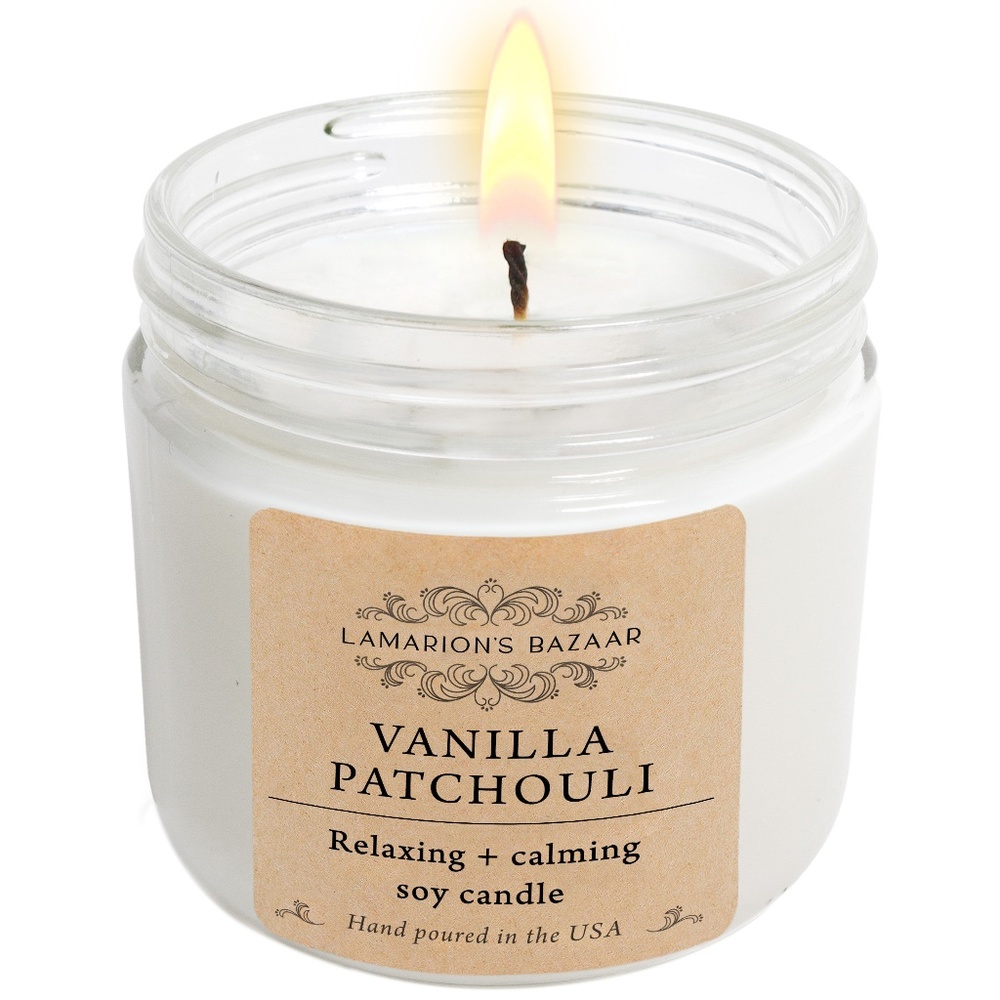 VANILLA + PATCHOULI Relaxing Calming Vanilla Patchouli Scented Candle -100% Soy